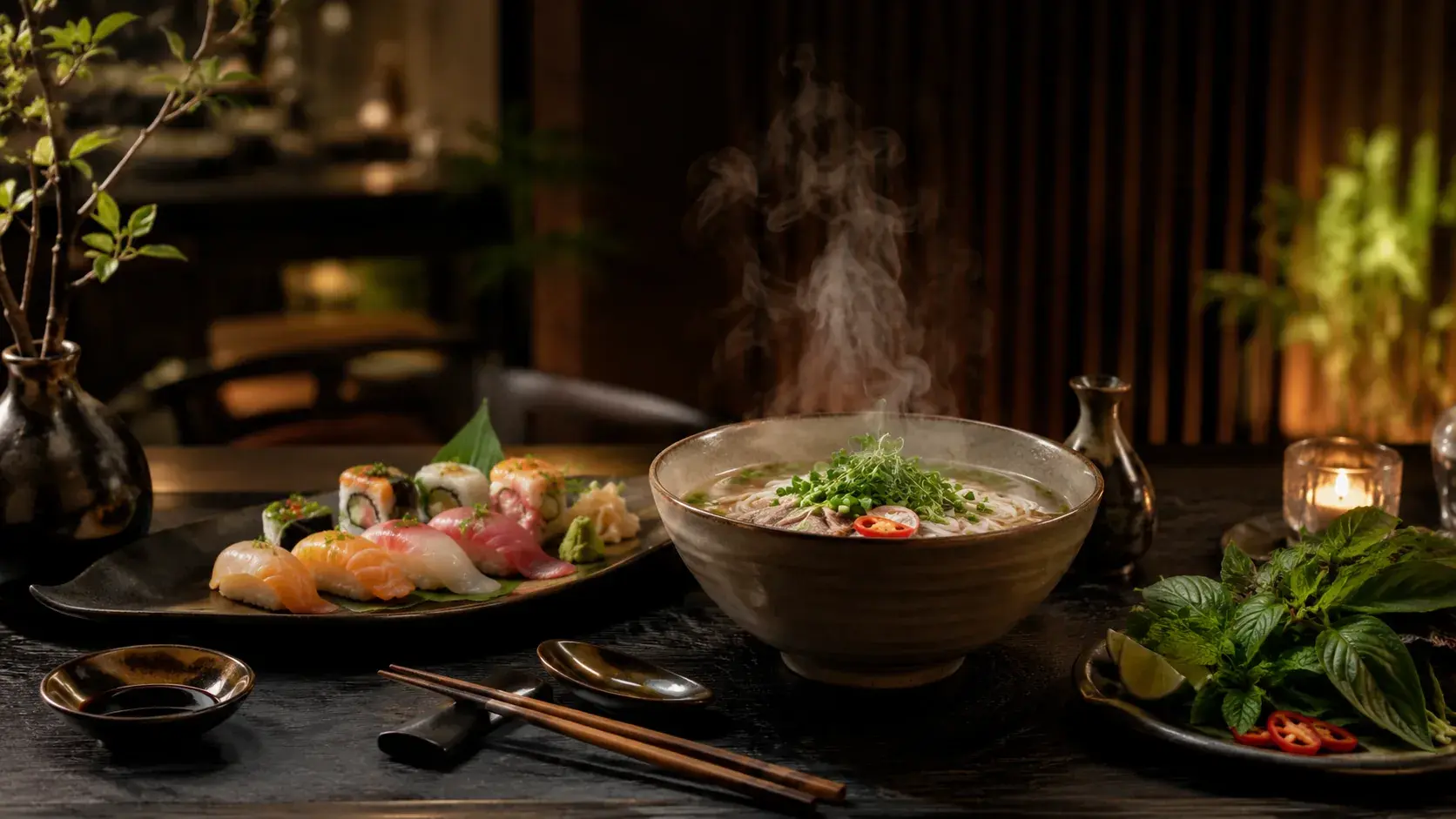 Dampfende Pho-Schüssel mit Sushi-Auswahl auf dunklem Holztisch